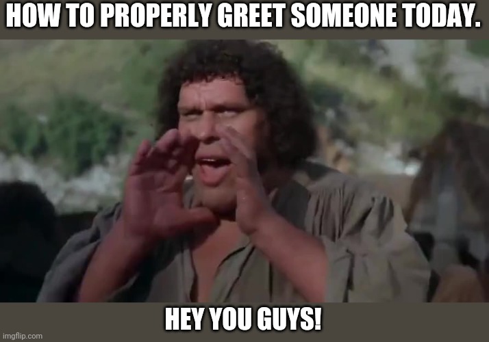 Greetings | HOW TO PROPERLY GREET SOMEONE TODAY. HEY YOU GUYS! | image tagged in andre the giant,hello,social distancing | made w/ Imgflip meme maker