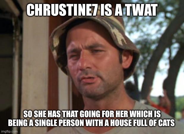 So I Got That Goin For Me Which Is Nice | CHRUSTINE7 IS A TWAT; SO SHE HAS THAT GOING FOR HER WHICH IS BEING A SINGLE PERSON WITH A HOUSE FULL OF CATS | image tagged in memes,so i got that goin for me which is nice | made w/ Imgflip meme maker