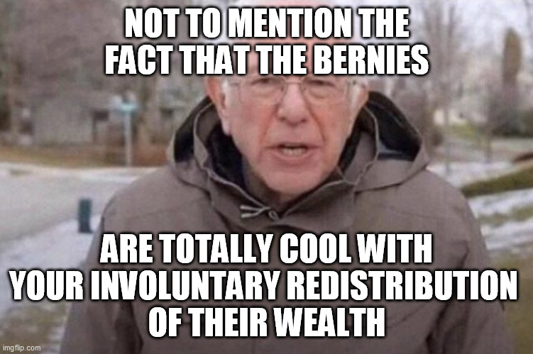 I am once again asking | NOT TO MENTION THE FACT THAT THE BERNIES ARE TOTALLY COOL WITH YOUR INVOLUNTARY REDISTRIBUTION 
OF THEIR WEALTH | image tagged in i am once again asking | made w/ Imgflip meme maker