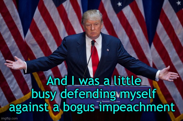 Donald Trump | And I was a little busy defending myself against a bogus impeachment | image tagged in donald trump | made w/ Imgflip meme maker