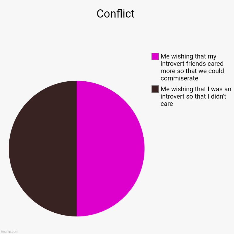 Conflict | Me wishing that I was an introvert so that I didn't care, Me wishing that my introvert friends cared more so that we could commis | image tagged in charts,pie charts | made w/ Imgflip chart maker