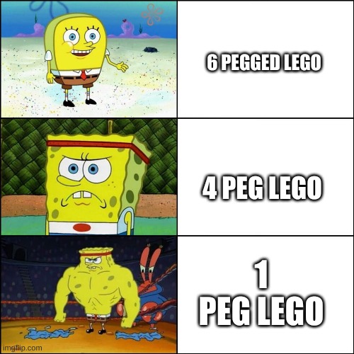 Increasingly buffed spongebob | 6 PEGGED LEGO; 4 PEG LEGO; 1 PEG LEGO | image tagged in increasingly buffed spongebob | made w/ Imgflip meme maker