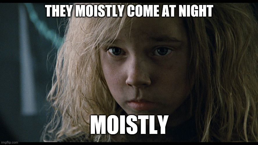mostly newt aliens | THEY MOISTLY COME AT NIGHT; MOISTLY | image tagged in mostly newt aliens | made w/ Imgflip meme maker