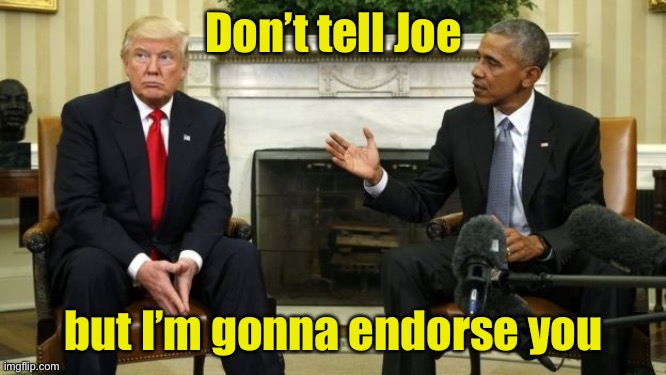Why Obama hasn’t given his endorsement to Biden | Don’t tell Joe; but I’m gonna endorse you | image tagged in trump and obama,election 2020 | made w/ Imgflip meme maker