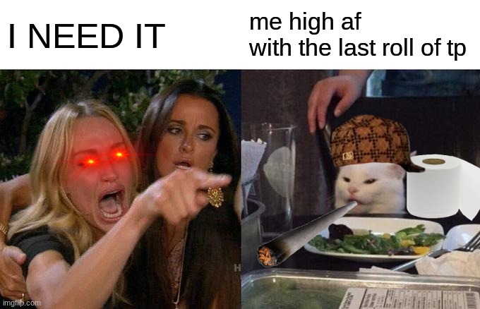 Woman Yelling At Cat | I NEED IT; me high af
with the last roll of tp | image tagged in memes,woman yelling at cat | made w/ Imgflip meme maker