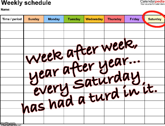 Week humor | Week after week, 
year after year... 
every Saturday 
has had a turd in it. | image tagged in calendar | made w/ Imgflip meme maker
