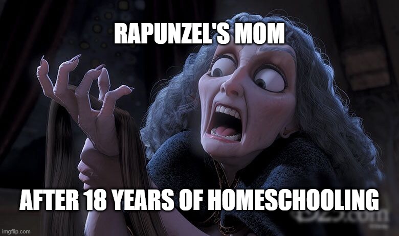 RAPUNZEL'S MOM; AFTER 18 YEARS OF HOMESCHOOLING | image tagged in rapunzel,corona,coronavirus | made w/ Imgflip meme maker