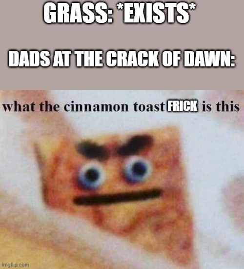 Grass only needs to exist and dads go nuts | GRASS: *EXISTS*; DADS AT THE CRACK OF DAWN:; FRICK | image tagged in what the cinnamon toast f is this,memes,grass,existence,dads,annoying | made w/ Imgflip meme maker