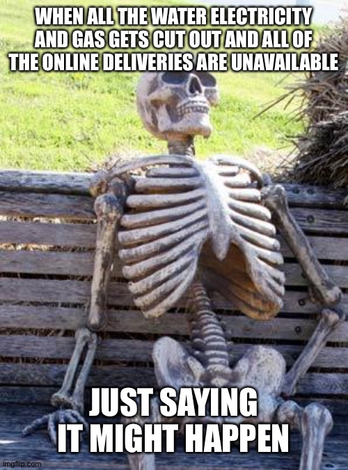 Waiting Skeleton | WHEN ALL THE WATER ELECTRICITY AND GAS GETS CUT OUT AND ALL OF THE ONLINE DELIVERIES ARE UNAVAILABLE; JUST SAYING IT MIGHT HAPPEN | image tagged in memes,waiting skeleton,coronavirus | made w/ Imgflip meme maker