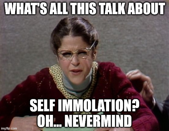 Emily Litella | WHAT'S ALL THIS TALK ABOUT; SELF IMMOLATION?

OH... NEVERMIND | image tagged in emily litella | made w/ Imgflip meme maker