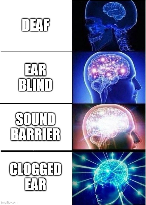 Expanding Brain Meme | DEAF; EAR BLIND; SOUND BARRIER; CLOGGED EAR | image tagged in memes,expanding brain | made w/ Imgflip meme maker