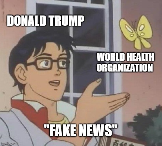 WHO | DONALD TRUMP; WORLD HEALTH ORGANIZATION; "FAKE NEWS" | image tagged in memes,is this a pigeon,trump,politics,funny,coronavirus | made w/ Imgflip meme maker