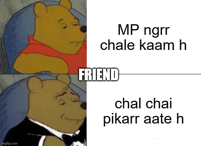 Tuxedo Winnie The Pooh Meme | MP ngrr chale kaam h; FRIEND; chal chai pikarr aate h | image tagged in memes,tuxedo winnie the pooh | made w/ Imgflip meme maker