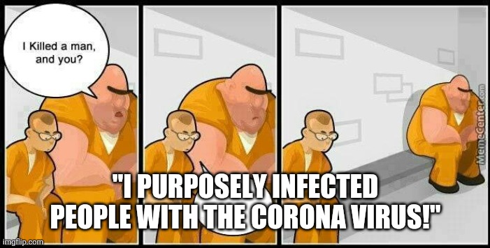 Prison Social Distancing | "I PURPOSELY INFECTED PEOPLE WITH THE CORONA VIRUS!" | image tagged in prisoners blank,social distancing,coronavirus | made w/ Imgflip meme maker