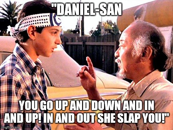 Perverted Myagi Birds And The Bees Chat | "DANIEL-SAN; YOU GO UP AND DOWN AND IN AND UP! IN AND OUT SHE SLAP YOU!" | image tagged in karate kid,pervert,birds and bees | made w/ Imgflip meme maker