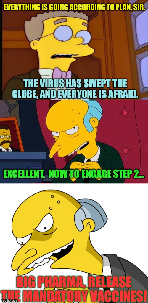 Evil plan | EVERYTHING IS GOING ACCORDING TO PLAN, SIR. THE VIRUS HAS SWEPT THE GLOBE, AND EVERYONE IS AFRAID. EXCELLENT.  NOW TO ENGAGE STEP 2... BIG PHARMA, RELEASE THE MANDATORY VACCINES! | image tagged in evil,deep state,globalist,population,control,plan | made w/ Imgflip meme maker