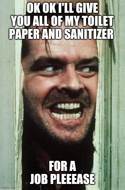 Here's Johnny Meme | OK OK I'LL GIVE YOU ALL OF MY TOILET PAPER AND SANITIZER; FOR A JOB PLEEEASE | image tagged in memes,here's johnny | made w/ Imgflip meme maker