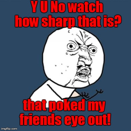 Y U No Meme | Y U No watch how sharp that is? that poked my friends eye out! | image tagged in memes,y u no | made w/ Imgflip meme maker