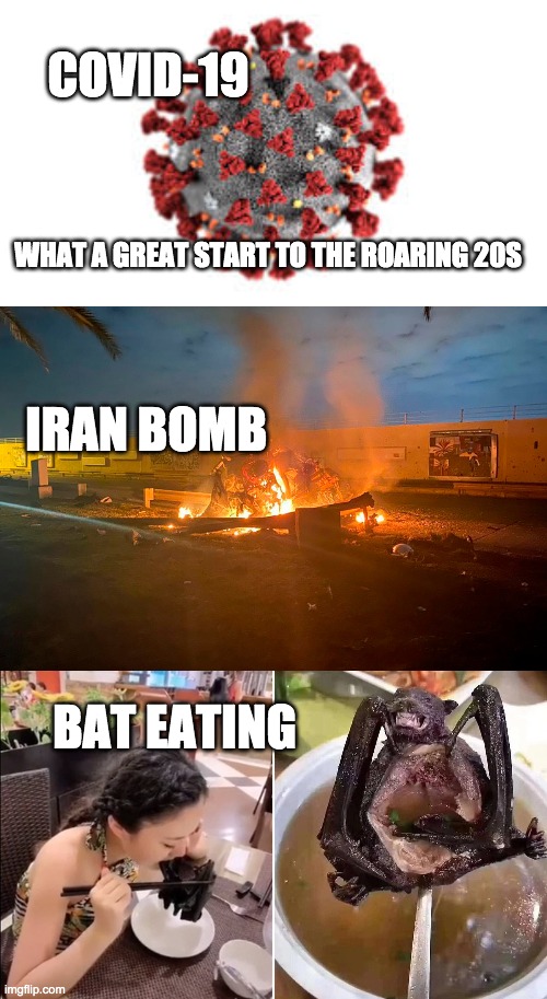 COVID-19; WHAT A GREAT START TO THE ROARING 20S; IRAN BOMB; BAT EATING | image tagged in memes,2020,covid-19,iran | made w/ Imgflip meme maker