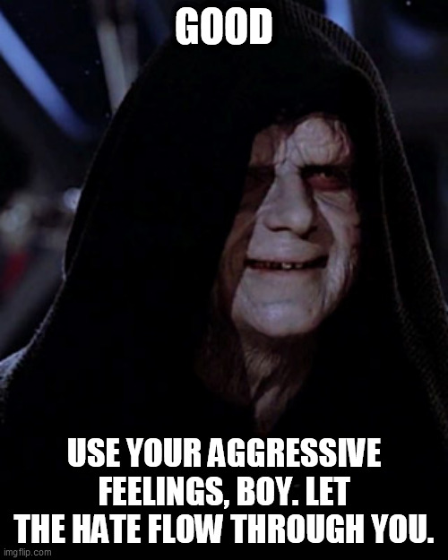 Emporer Palpatine | GOOD; USE YOUR AGGRESSIVE FEELINGS, BOY. LET THE HATE FLOW THROUGH YOU. | image tagged in emporer palpatine | made w/ Imgflip meme maker