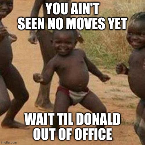 Third World Success Kid | YOU AIN'T SEEN NO MOVES YET; WAIT TIL DONALD OUT OF OFFICE | image tagged in memes,third world success kid | made w/ Imgflip meme maker