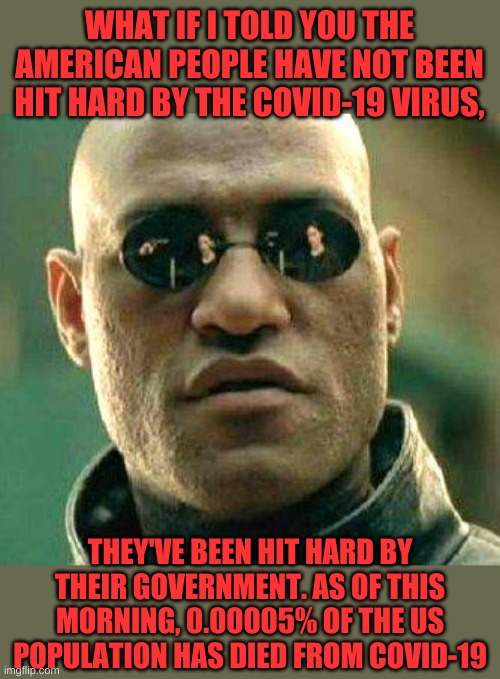 My models show that 99.3% of the American people have been used as political lab rats. | WHAT IF I TOLD YOU THE AMERICAN PEOPLE HAVE NOT BEEN HIT HARD BY THE COVID-19 VIRUS, THEY'VE BEEN HIT HARD BY THEIR GOVERNMENT. AS OF THIS MORNING, 0.00005% OF THE US POPULATION HAS DIED FROM COVID-19 | image tagged in what if i told you | made w/ Imgflip meme maker