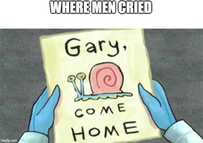 https://www.youtube.com/watch?v=Ju8Nz2cmCp0&list=PLWr4Q4QxMluNACohqOrr3d9wtTq4OjEyK&index=46 | WHERE MEN CRIED | image tagged in gary come home | made w/ Imgflip meme maker