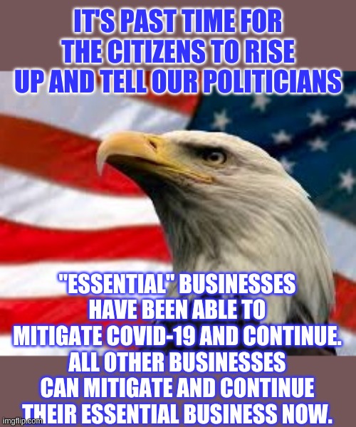 5/100,000ths of the USA population has died from COVID-19 (4/9) 20 million+ forced into unemployment. | IT'S PAST TIME FOR THE CITIZENS TO RISE UP AND TELL OUR POLITICIANS; "ESSENTIAL" BUSINESSES HAVE BEEN ABLE TO MITIGATE COVID-19 AND CONTINUE. ALL OTHER BUSINESSES CAN MITIGATE AND CONTINUE THEIR ESSENTIAL BUSINESS NOW. | image tagged in murica patriotic eagle | made w/ Imgflip meme maker