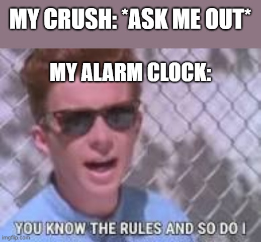 You know the rules and so do I | MY CRUSH: *ASK ME OUT*; MY ALARM CLOCK: | image tagged in you know the rules and so do i | made w/ Imgflip meme maker