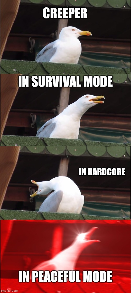 Inhaling Seagull Meme | CREEPER; IN SURVIVAL MODE; IN HARDCORE; IN PEACEFUL MODE | image tagged in memes,inhaling seagull | made w/ Imgflip meme maker