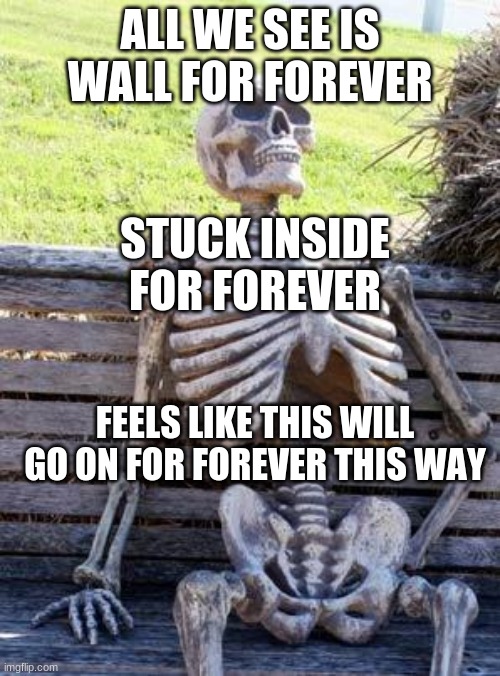 Waiting Skeleton Meme | ALL WE SEE IS WALL FOR FOREVER; STUCK INSIDE FOR FOREVER; FEELS LIKE THIS WILL GO ON FOR FOREVER THIS WAY | image tagged in memes,waiting skeleton | made w/ Imgflip meme maker