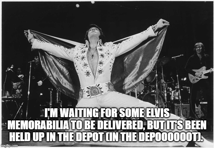 Elvis  | I'M WAITING FOR SOME ELVIS MEMORABILIA TO BE DELIVERED, BUT IT'S BEEN HELD UP IN THE DEPOT (IN THE DEPOOOOOOT). | image tagged in elvis | made w/ Imgflip meme maker