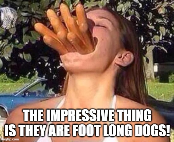 hot dog girl | THE IMPRESSIVE THING IS THEY ARE FOOT LONG DOGS! | image tagged in hot dog girl | made w/ Imgflip meme maker