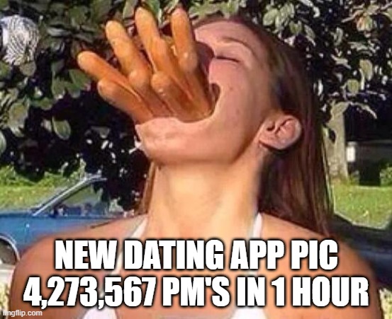 hot dog girl | NEW DATING APP PIC
4,273,567 PM'S IN 1 HOUR | image tagged in hot dog girl | made w/ Imgflip meme maker