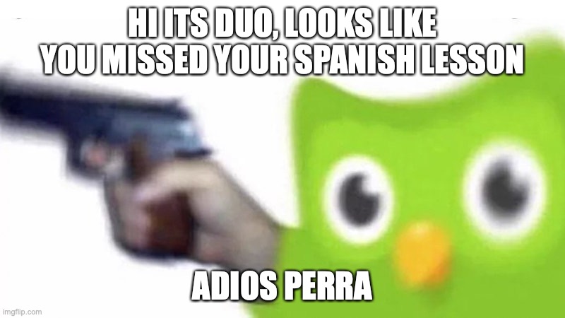 Evil duolingo owl | HI ITS DUO, LOOKS LIKE YOU MISSED YOUR SPANISH LESSON; ADIOS PERRA | image tagged in evil duolingo owl | made w/ Imgflip meme maker