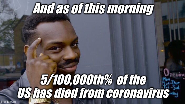 Roll Safe Think About It Meme | And as of this morning 5/100,000th%  of the US has died from coronavirus | image tagged in memes,roll safe think about it | made w/ Imgflip meme maker