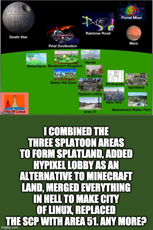 An update on the creation of the SW map: | I COMBINED THE THREE SPLATOON AREAS TO FORM SPLATLAND, ADDED HYPIXEL LOBBY AS AN ALTERNATIVE TO MINECRAFT LAND, MERGED EVERYTHING IN HELL TO MAKE CITY OF LINUX, REPLACED THE SCP WITH AREA 51. ANY MORE? | made w/ Imgflip meme maker