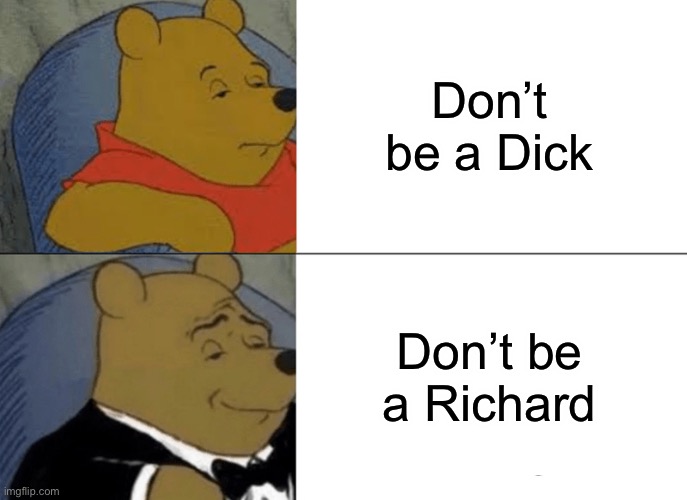 Class it up | Don’t be a Dick; Don’t be a Richard | image tagged in memes,tuxedo winnie the pooh | made w/ Imgflip meme maker