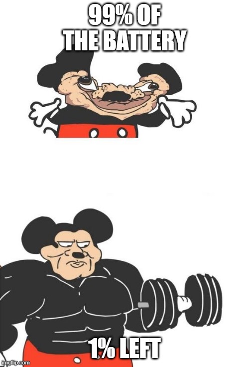 Buff Mickey Mouse | 99% OF THE BATTERY; 1% LEFT | image tagged in buff mickey mouse | made w/ Imgflip meme maker