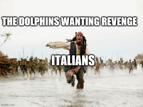 Jack Sparrow Being Chased Meme | THE DOLPHINS WANTING REVENGE; ITALIANS | image tagged in memes,jack sparrow being chased | made w/ Imgflip meme maker