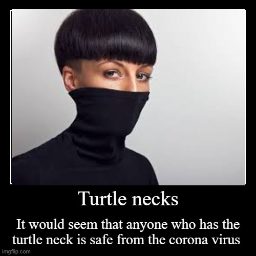 Turtle necks | It would seem that anyone who has the turtle neck is safe from the corona virus | image tagged in funny,demotivationals | made w/ Imgflip demotivational maker