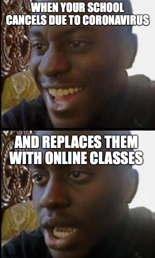 Disappointed Black Guy | WHEN YOUR SCHOOL CANCELS DUE TO CORONAVIRUS; AND REPLACES THEM WITH ONLINE CLASSES | image tagged in disappointed black guy | made w/ Imgflip meme maker