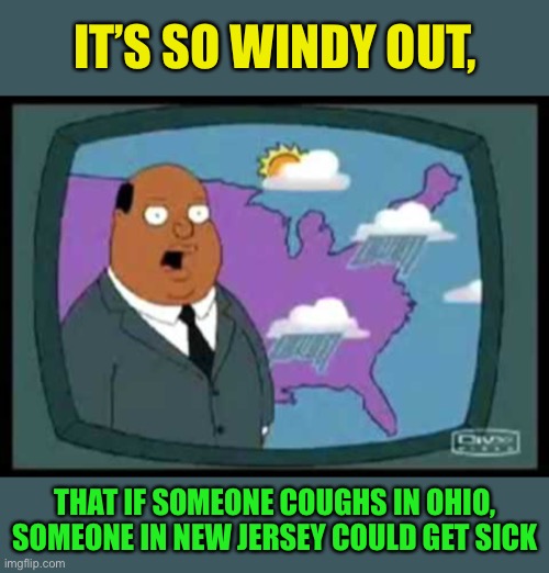It’s so windy, social distancing has been increased to 1500 miles | IT’S SO WINDY OUT, THAT IF SOMEONE COUGHS IN OHIO, SOMEONE IN NEW JERSEY COULD GET SICK | image tagged in weather man family guy,memes,coronavirus,windy | made w/ Imgflip meme maker