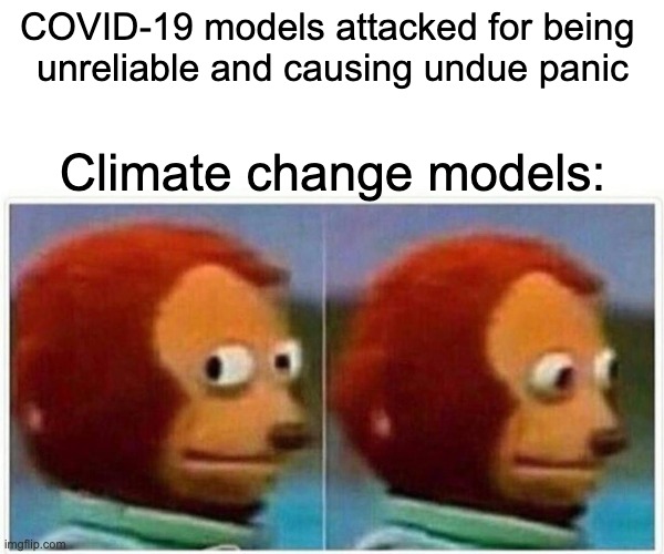 Monkey Puppet Meme | COVID-19 models attacked for being 
unreliable and causing undue panic; Climate change models: | image tagged in memes,monkey puppet,coronavirus,covid-19,climate change,global warming | made w/ Imgflip meme maker