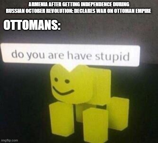 do you are have stupid | ARMENIA AFTER GETTING INDEPENDENCE DURING RUSSIAN OCTOBER REVOLUTION: DECLARES WAR ON OTTOMAN EMPIRE; OTTOMANS: | image tagged in do you are have stupid | made w/ Imgflip meme maker