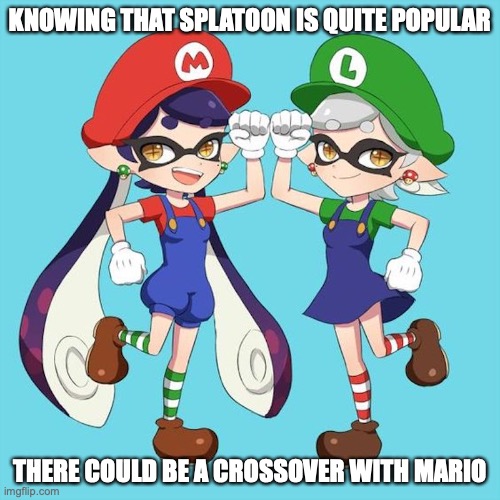 Splatoon Sisters | KNOWING THAT SPLATOON IS QUITE POPULAR; THERE COULD BE A CROSSOVER WITH MARIO | image tagged in super mario bros,splatoon,gaming,memes | made w/ Imgflip meme maker