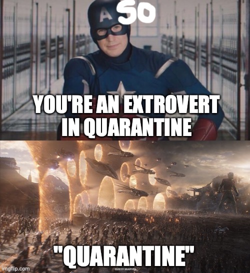 YOU'RE AN EXTROVERT IN QUARANTINE; "QUARANTINE" | image tagged in captain america so you,endgame | made w/ Imgflip meme maker