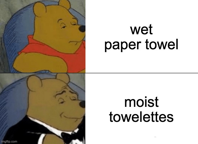 Tuxedo Winnie The Pooh | wet paper towel; moist towelettes | image tagged in memes,tuxedo winnie the pooh | made w/ Imgflip meme maker