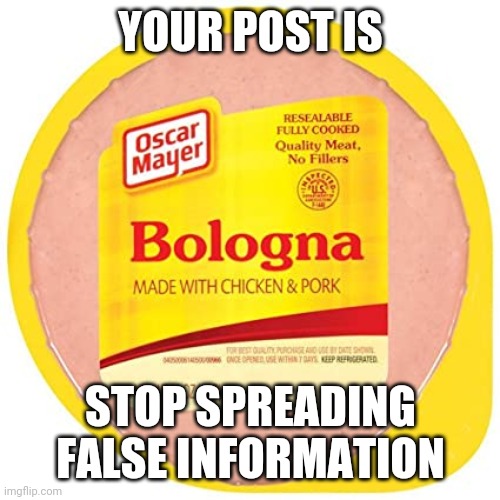 Bologna Post |  YOUR POST IS; STOP SPREADING FALSE INFORMATION | image tagged in bologna,false | made w/ Imgflip meme maker
