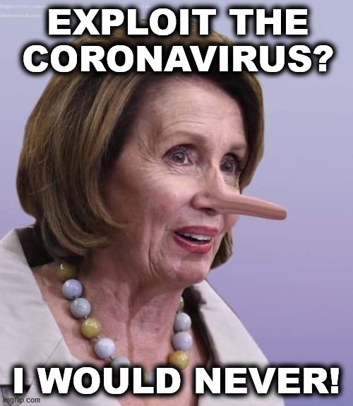 Lying Nancy Pelosi | EXPLOIT THE CORONAVIRUS? I WOULD NEVER! | image tagged in lying nancy pelosi | made w/ Imgflip meme maker